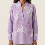 Xiomara | Floral High-Collar Blouse — Purple — studio front