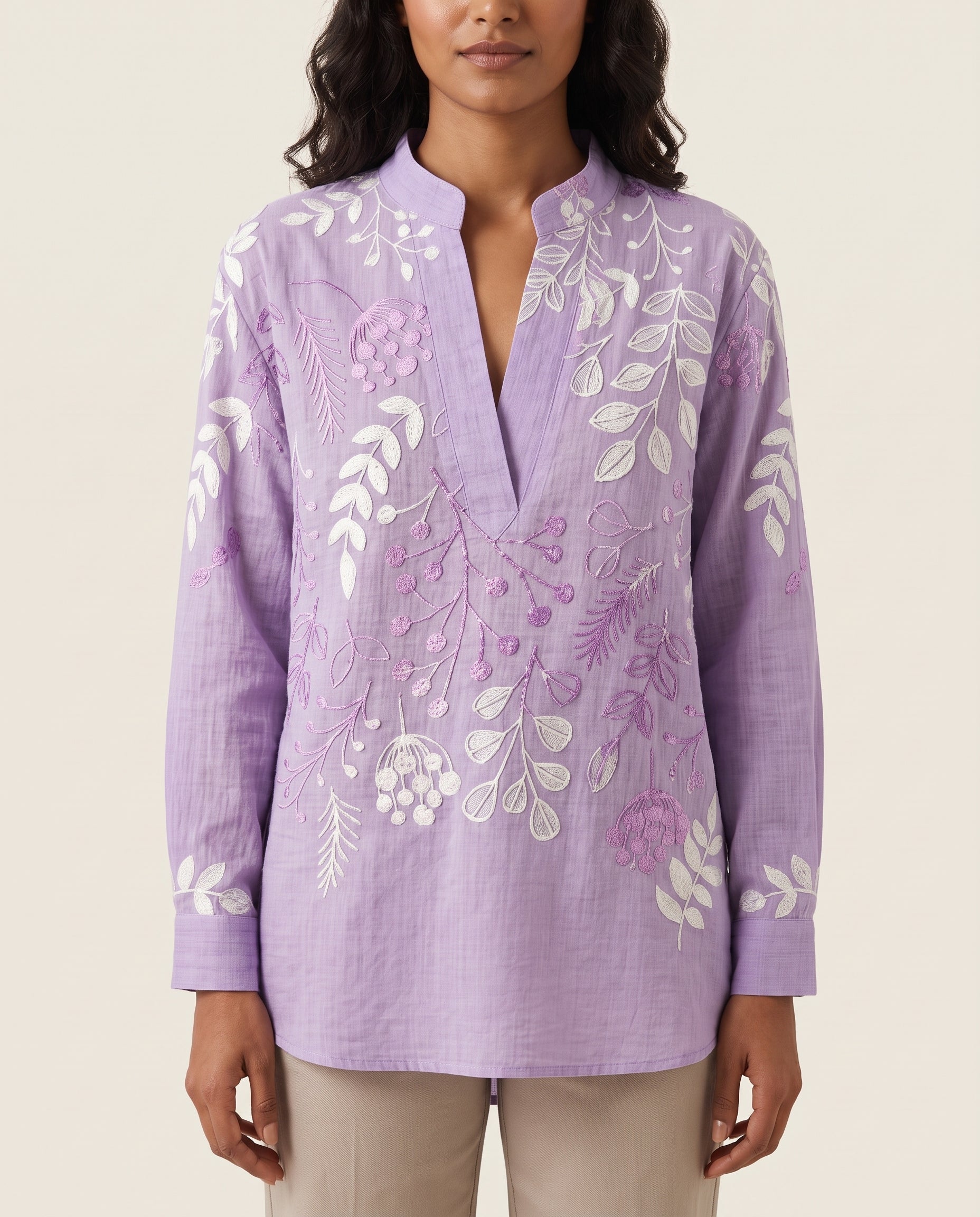 Xiomara | Floral High-Collar Blouse — Purple — studio front
