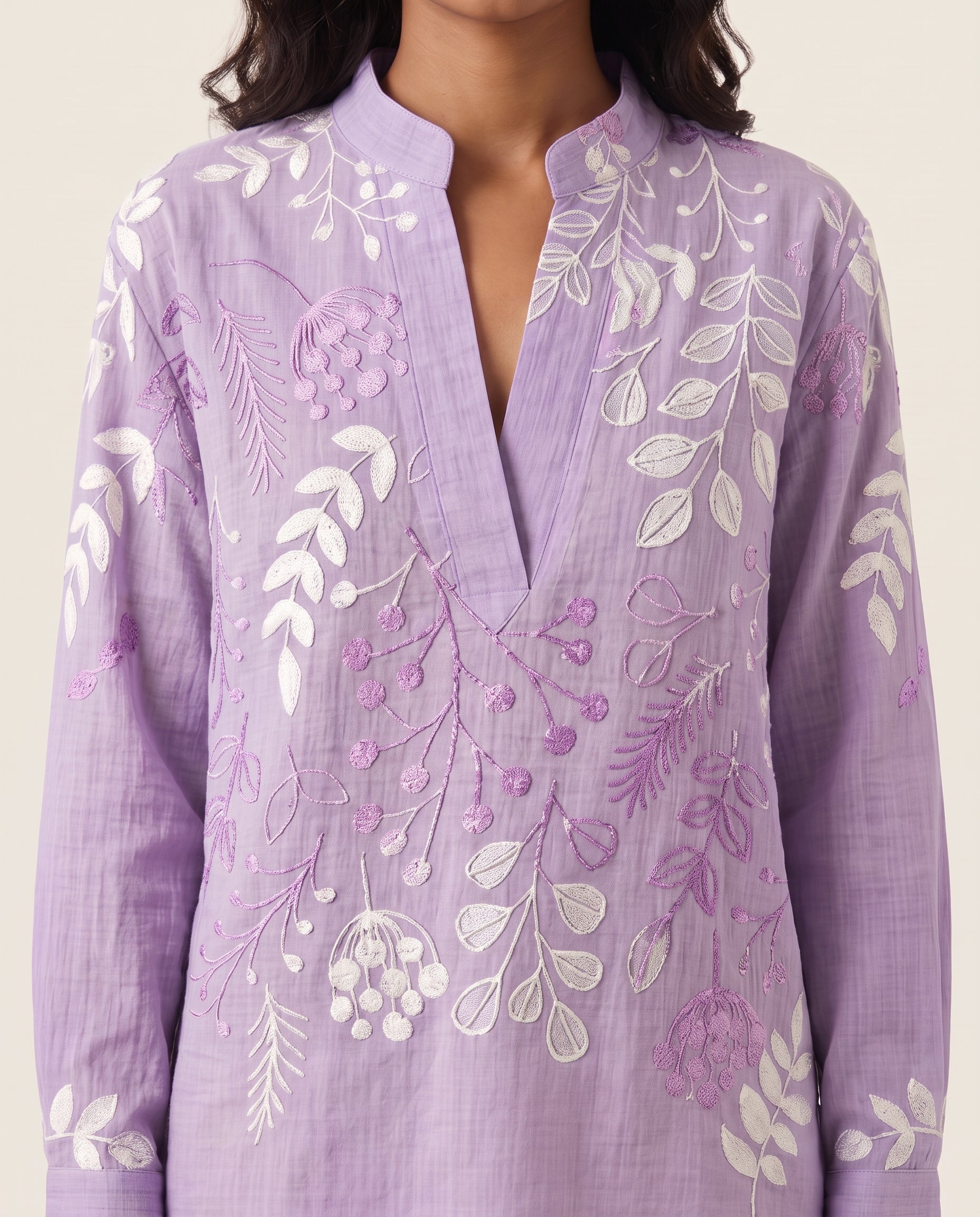 Xiomara | Floral High-Collar Blouse — Purple — fabric detail