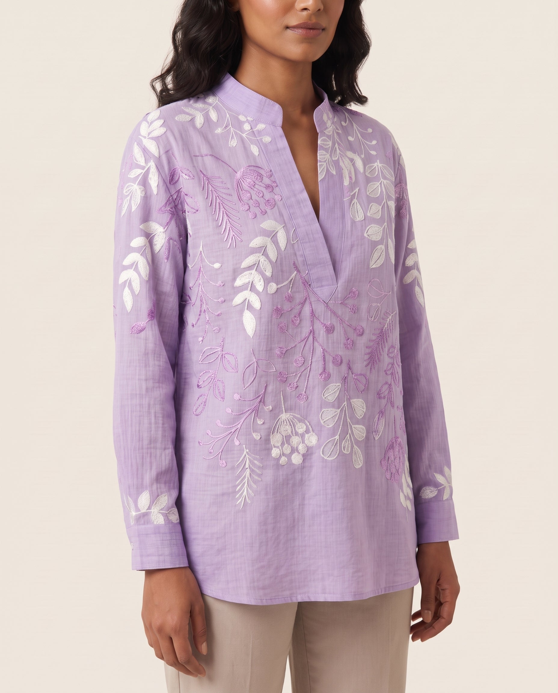 Xiomara | Floral High-Collar Blouse — Purple — studio three-quarter