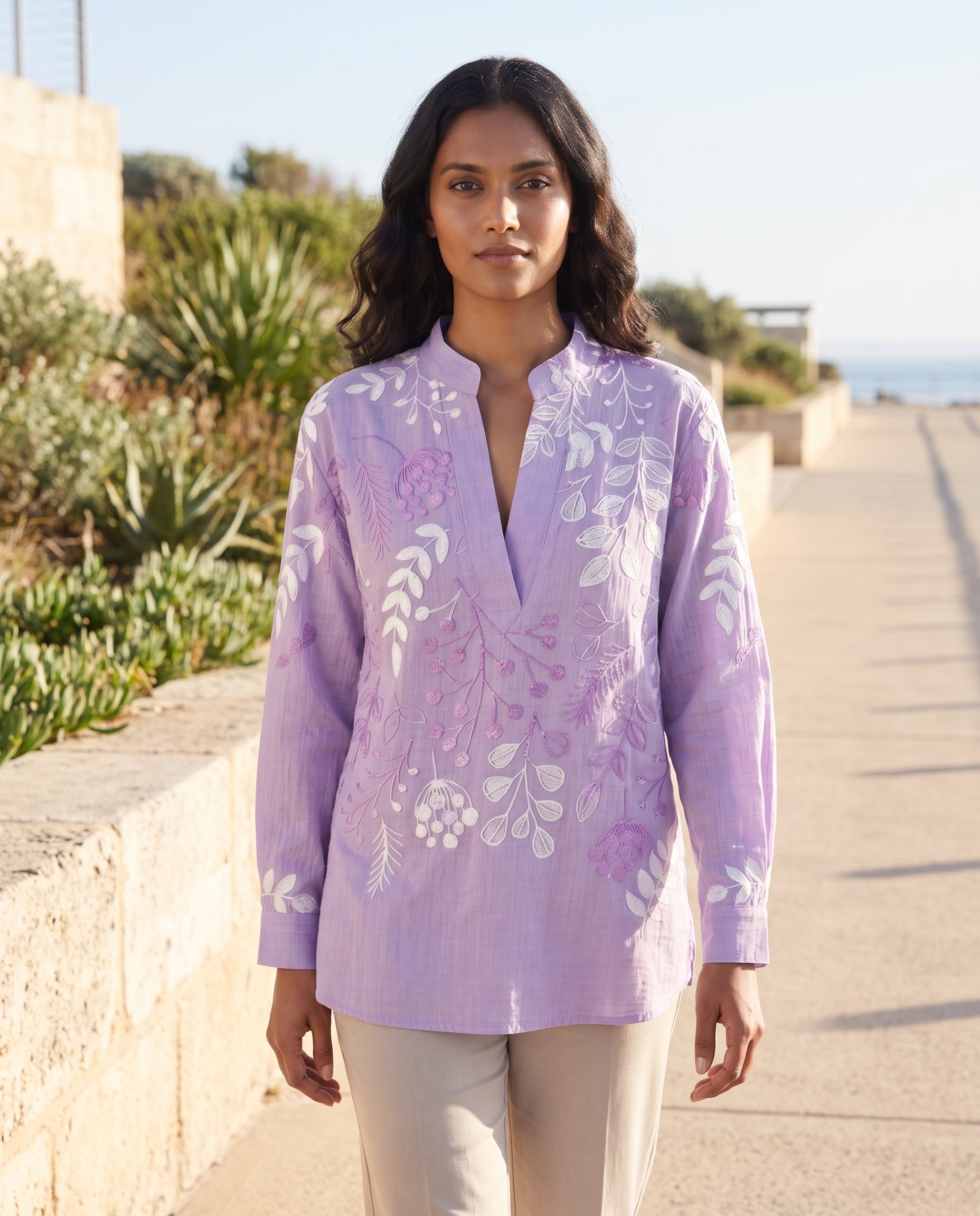 Xiomara | Floral High-Collar Blouse — Purple — coastal lifestyle
