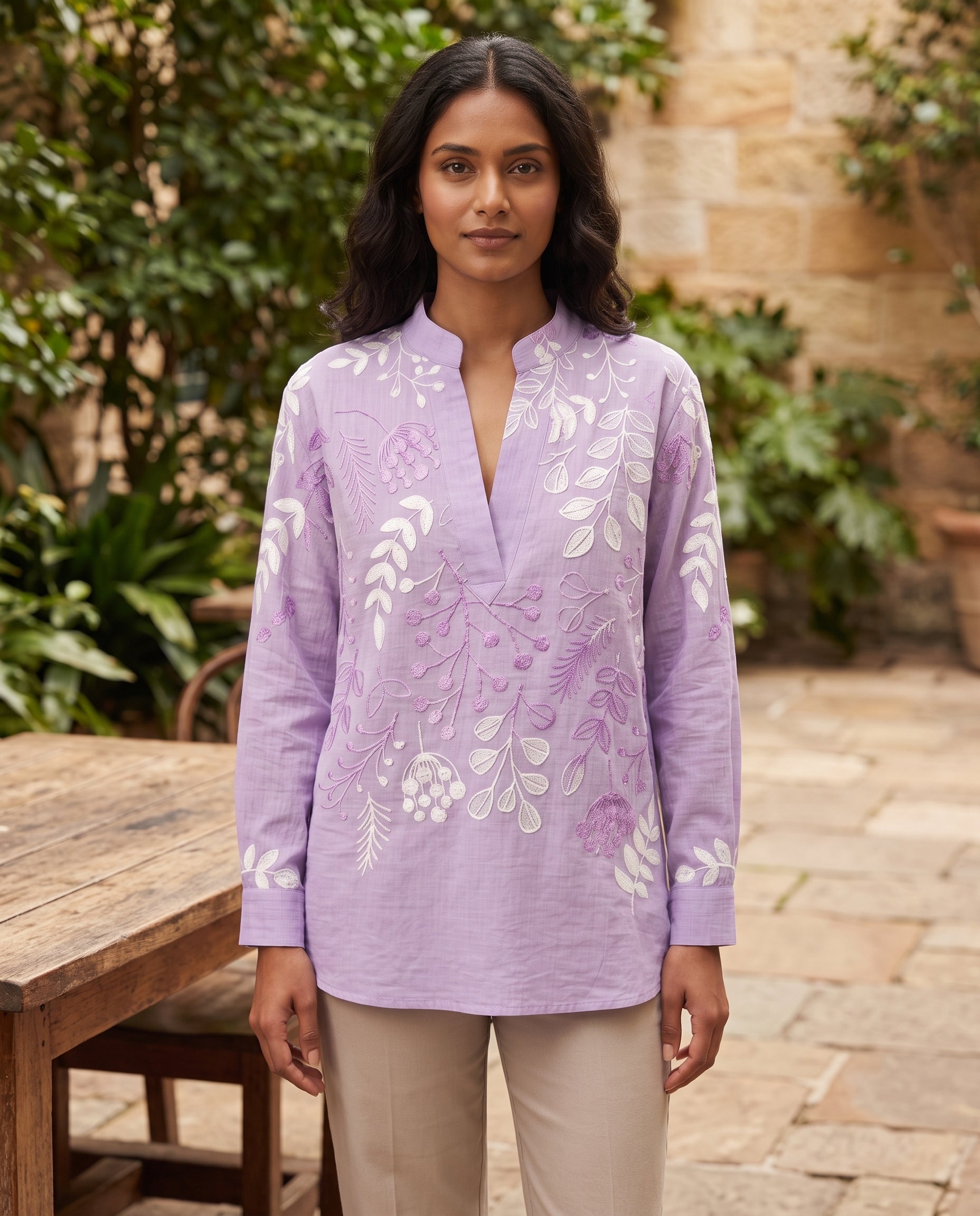 Xiomara | Floral High-Collar Blouse — Purple — courtyard lifestyle