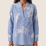 Xiomara | Floral High-Collar Blouse — Blue — studio front