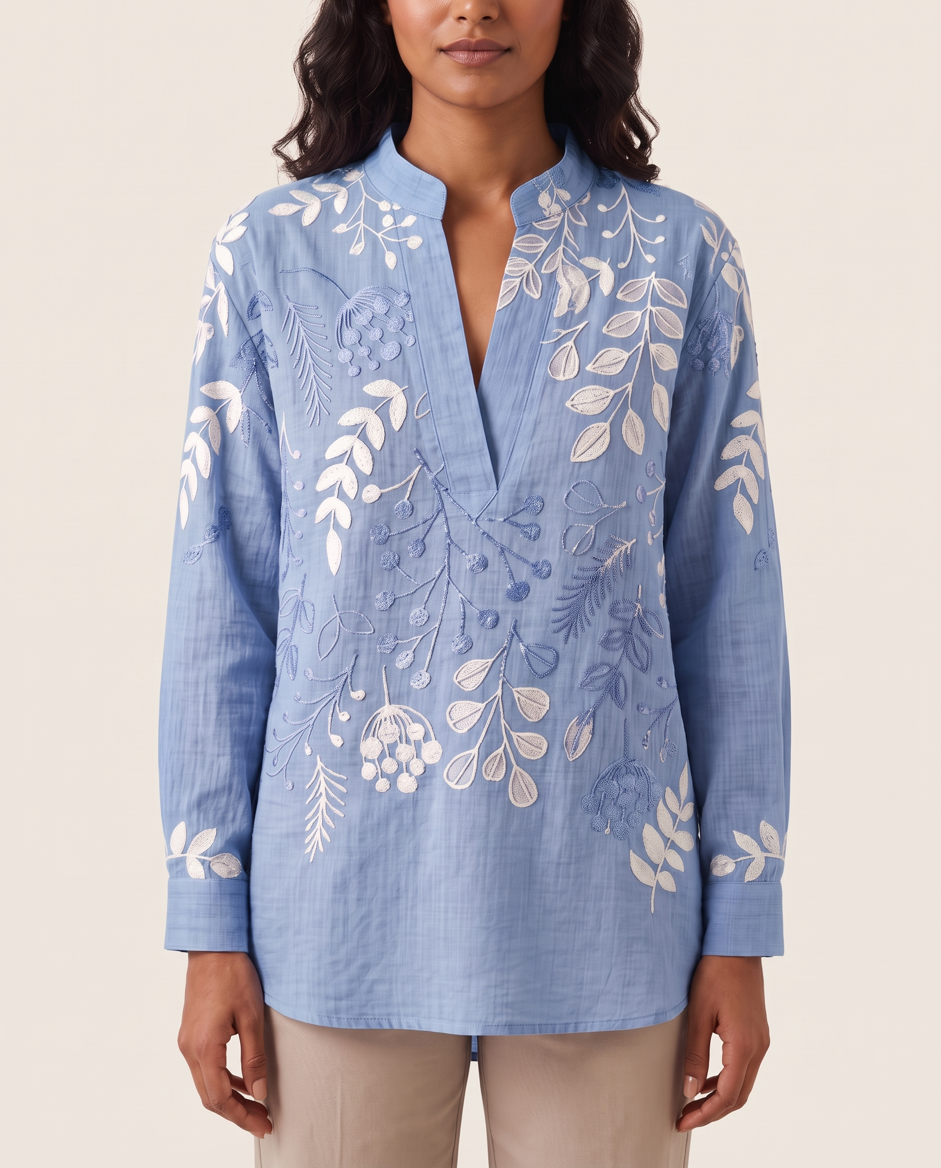 Xiomara | Floral High-Collar Blouse — Blue — studio front