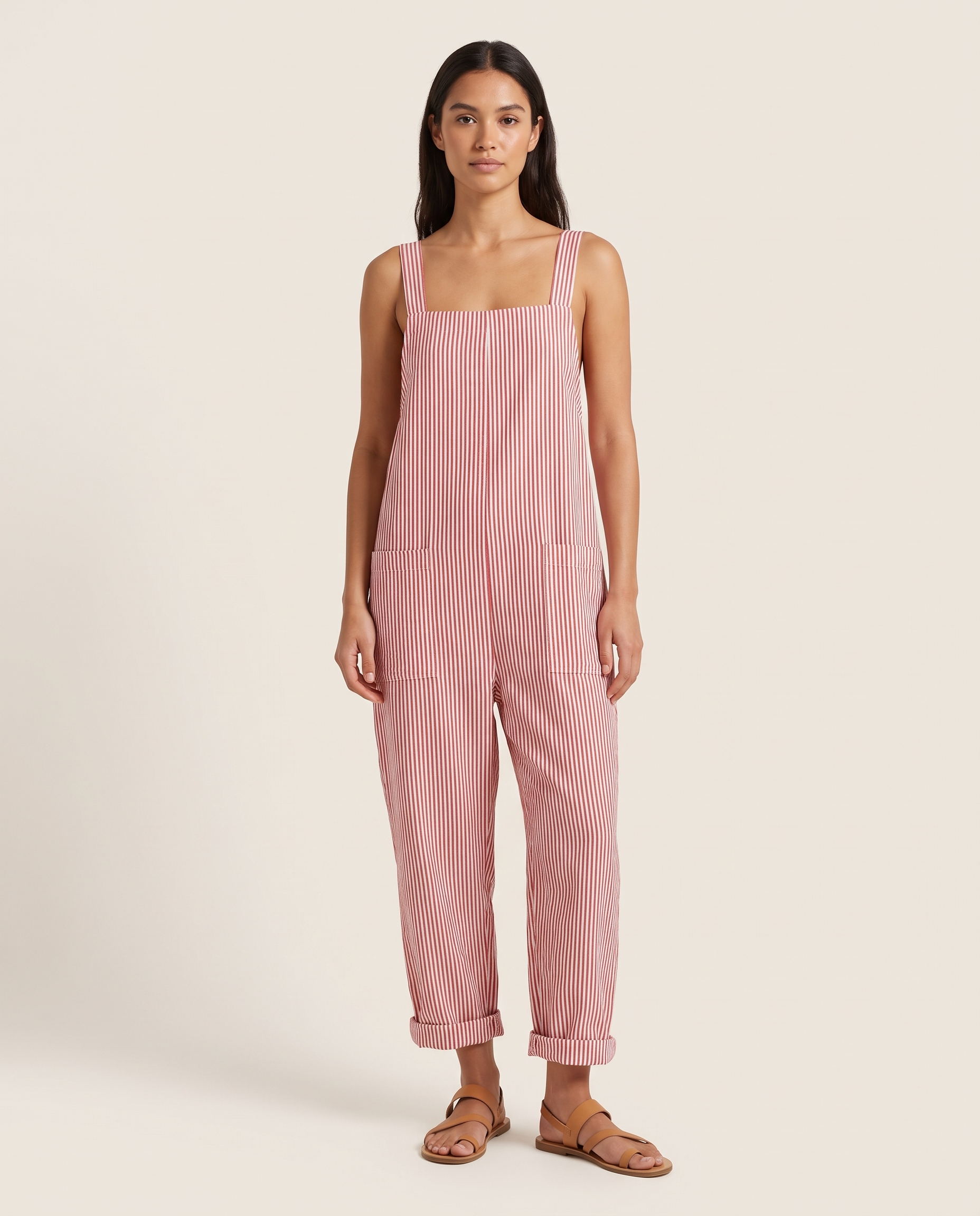 Zaida | Striped Square-Neck Sleeveless Jumpsuit — Red — studio front