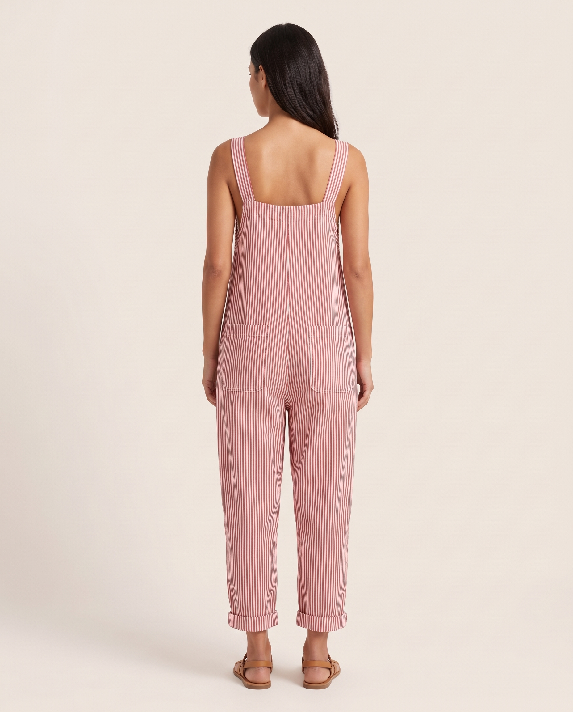 Zaida | Striped Square-Neck Sleeveless Jumpsuit — Red — back view