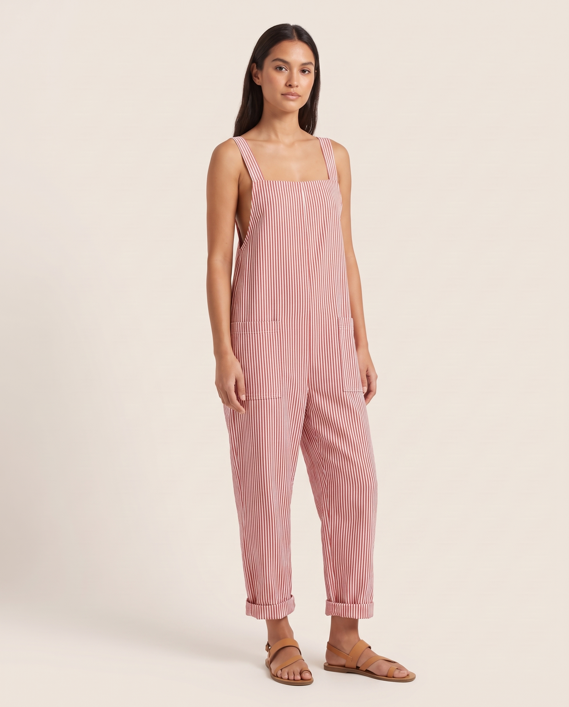 Zaida | Striped Square-Neck Sleeveless Jumpsuit — Red — studio three-quarter