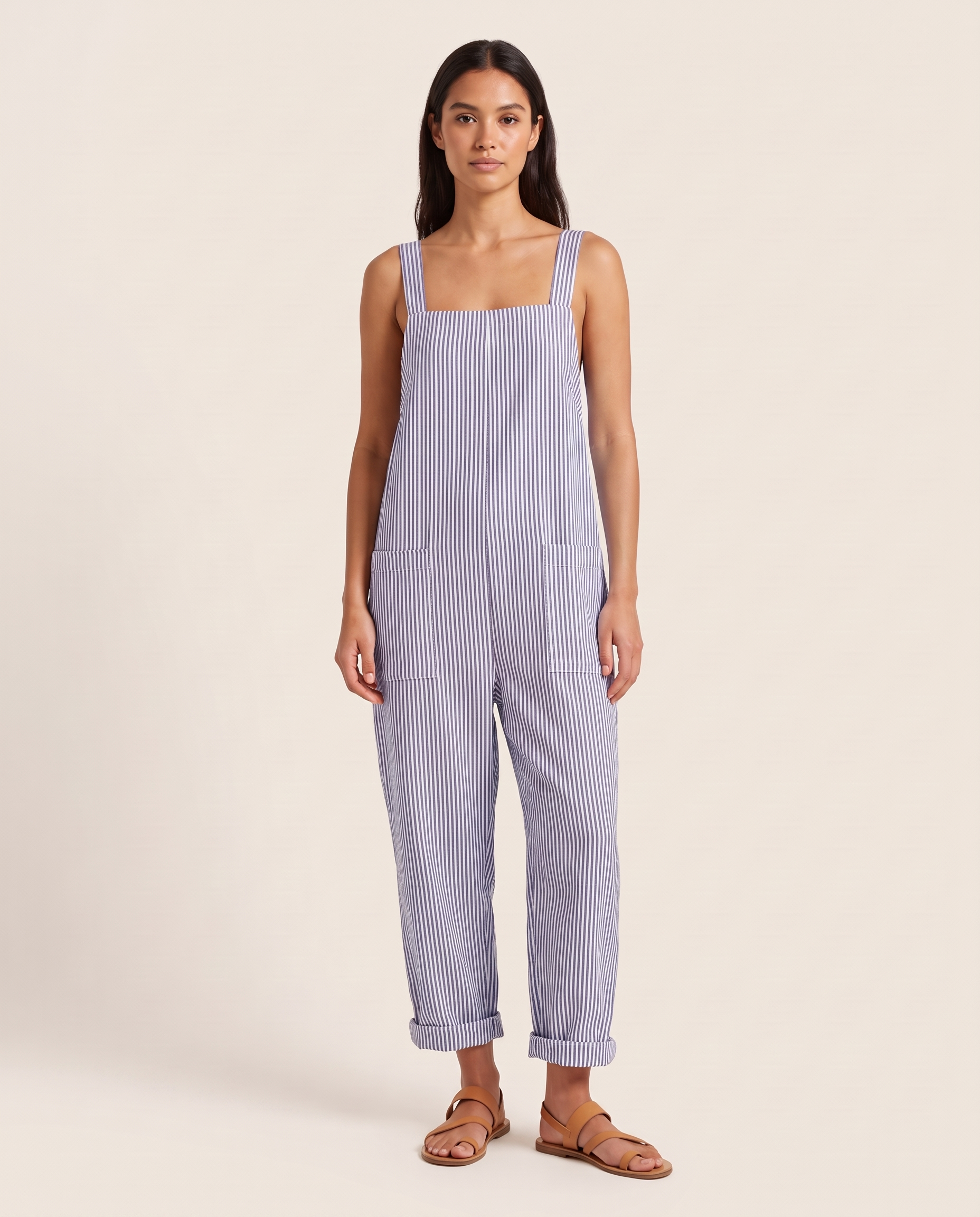 Zaida | Striped Square-Neck Sleeveless Jumpsuit — Blue — studio front
